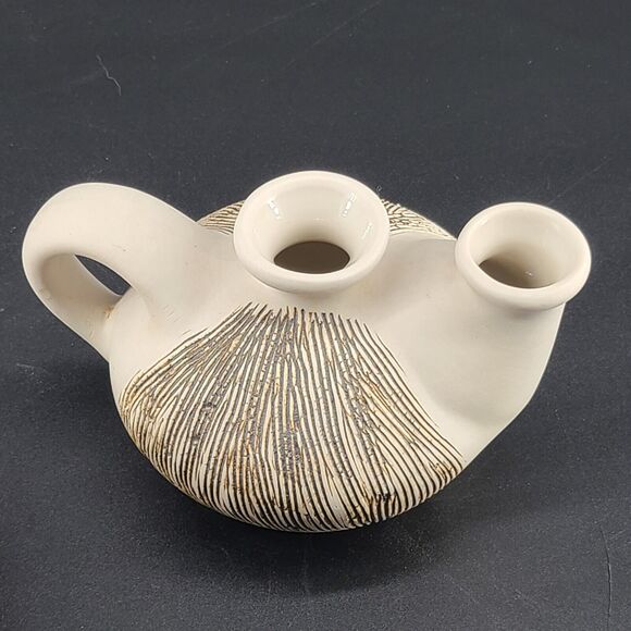 Vintage Kravec Studios Signed Pottery Ceramic Oil Lamp Set Ivory Bisque Etched - Picture 3 of 4